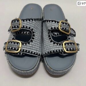 Amazon Women's Light Blue Woven Slide Sandals with Gold Buckles